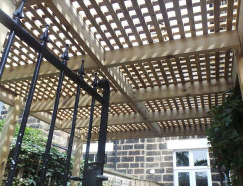 Lattice Arbour Entrance with Pergola and Wooden Storage Units